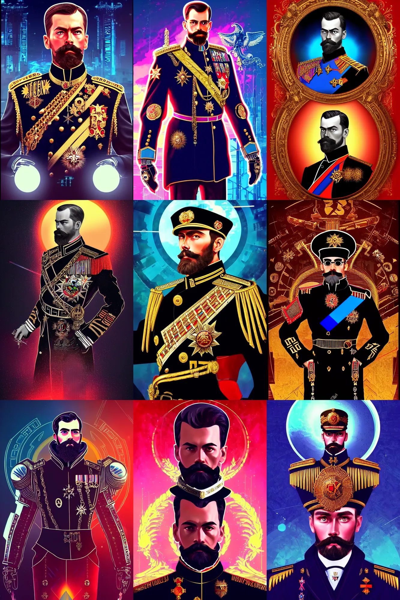 Image similar to Nicholas II of Russia, cyberpunk, synthwave, ornate, digital art, illustration, artstation, youtube, full body, black sun halo, in style of synthwave, warhammer