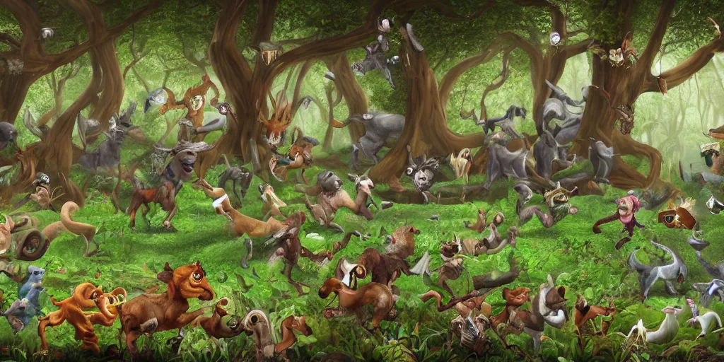 Prompt: panorama of animals in enchanted forest running away from necromancer's army