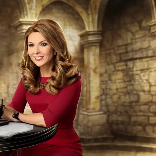 Image similar to cinematic studio photograph of a medieval era fox news anchorwoman at work, by fox news in ancient europe