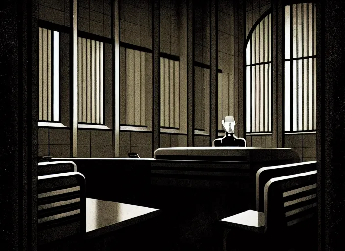 Image similar to editorial illustration by Karolis Strautniekas and Mads Berg, colorful, courtroom the bench,trial, fine texture,detailed, matte colors,film noir, dramatic lighting, dynamic composition,moody, vivid,voumetric