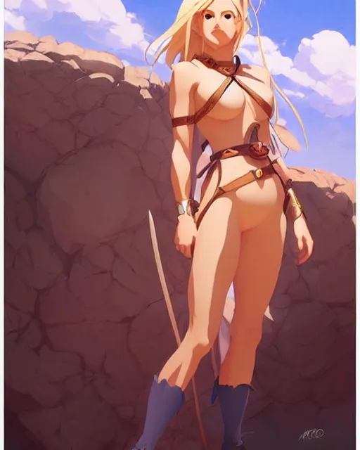 Image similar to blond woman in a cave - woman outfit, by artgerm, by studio muti, greg rutkowski makoto shinkai takashi takeuchi studio ghibli