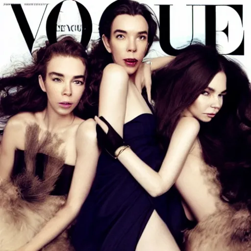 Image similar to stunning vogue magazine photo of dark - haired goddesses vanessa kirby, hailee steinfeld, and bjork smiling, legs intertwined, laying back on the bed, with wet faces!!, wet lips, smooth skin, perfect eyes, insanely detailed, elegant, by wlop, rutkowski, livia prima, mucha, wlop,