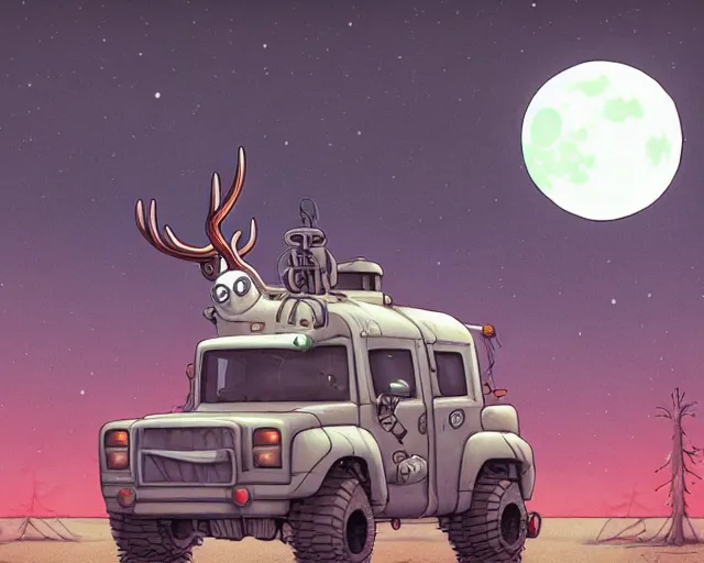 Prompt: a cell shaded cartoon grey lovecraftian mechanized santa + deer robot, with a big head, on a desert road, wide shot, in front of a big moon, muted colors, post grunge, josan gonzales, wlop, by james jean, victor ngai, hq, deviantart, art by artgem