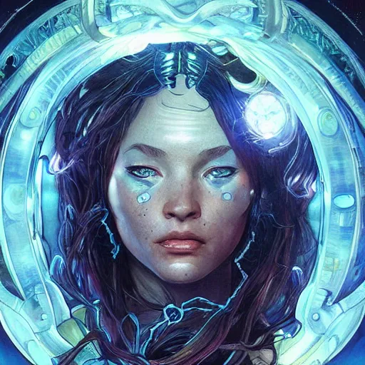 Image similar to cyborg, female, fantasy, bioluminiscence, flowing hair, portrait, highly detailed, digital painting, beautiful eyes, symmetry, concept art, sharp focus, illustration, art by artgerm and greg rutkowski and magali villeneuve and ilya kuvshinov! : : alphonse mucha : : - 0. 2