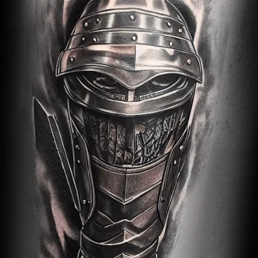 Image similar to A knight in armor, tattoo, tattoo art, Black and grey tattoo style