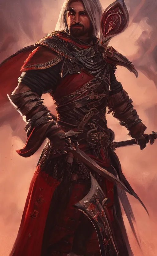 Image similar to an oil art portrait of young handsome pale roma, grim dark warrior from gwent cards, gipsy blood mage with great sword character design from inquisition, 4 k, ultra detail, volumetric lighting, unreal engine, octane render