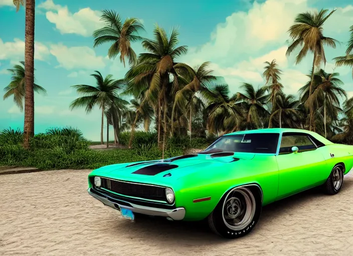 Image similar to hyperrealism, detailed textures, photorealistic 3 d render, a dreamy beach in cuba, a 1 9 7 0 hemi cuda with mopar green colour scheme, sharp focus, ultra realistic, ultra high pixel detail, cinematic, intricate, cinematic light, concept art, illustration, art station, unreal engine 8 k