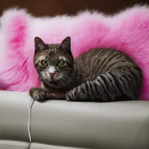 Prompt: a anthropomorphic cat with pink fur sitting on a couch