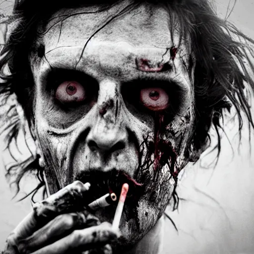 Image similar to horrific cinematic image of zombie smoking a cigarette