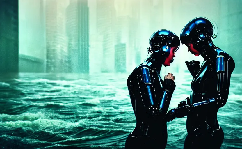 Image similar to cinestill 5 0 d candid photographic portrait by steven spielberg of two loving female androids sobbing wearing rugged black mesh techwear in treacherous waters, flooded city, medium closeup, retrofuturism cyberpunk moody emotional cinematic, pouring iridescent rain bright spotlight helicopter, 8 k, hd, high resolution, 3 5 mm, f / 3 2, ultra realistic faces, ex machina