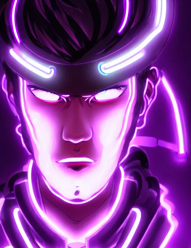 Image similar to a detailed manga portrait of a black haired cyborg man with glowing neon purple lights, trending on artstation, digital art, 4 k resolution, detailed, high quality, sharp focus, hq artwork, coherent, insane detail, character portrait