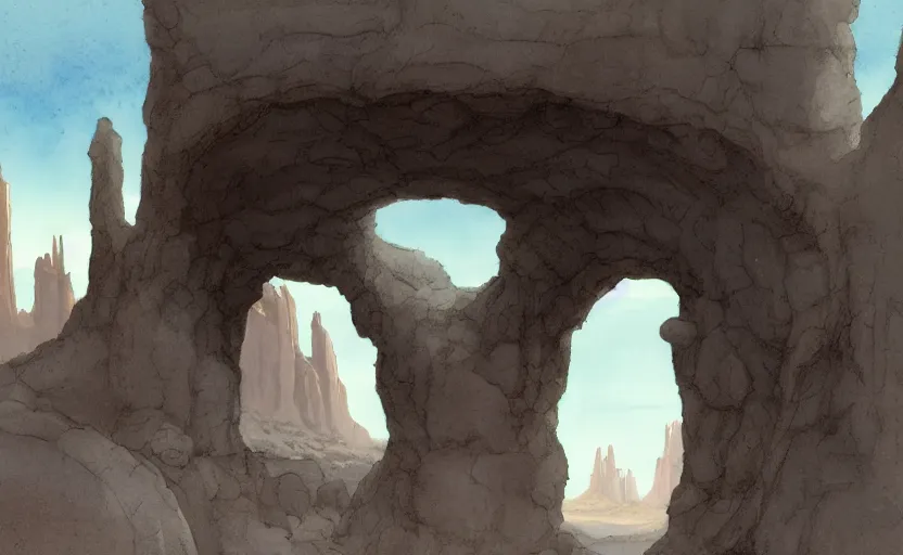 Image similar to a hyperrealist watercolor concept art of a medieval monk in grey robes in monument valley looking through a rock arch through a portal to a catle in an alien world. very muted colors, by rebecca guay, michael kaluta, charles vess. high detail, hq, wide shot, 4 k
