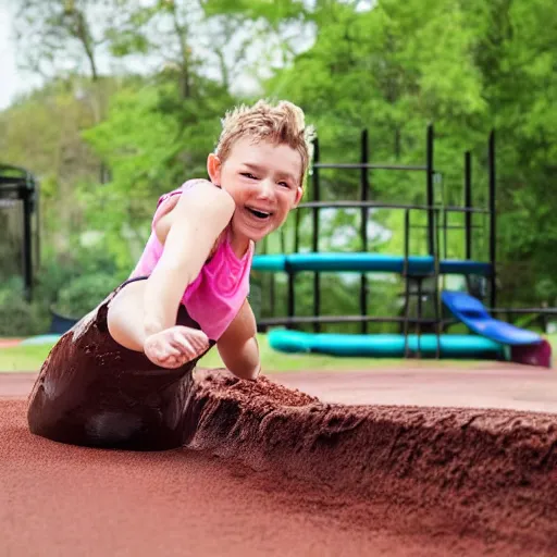 Prompt: adult sliding down chocolate pudding slide legs first, professional photo taken at the park