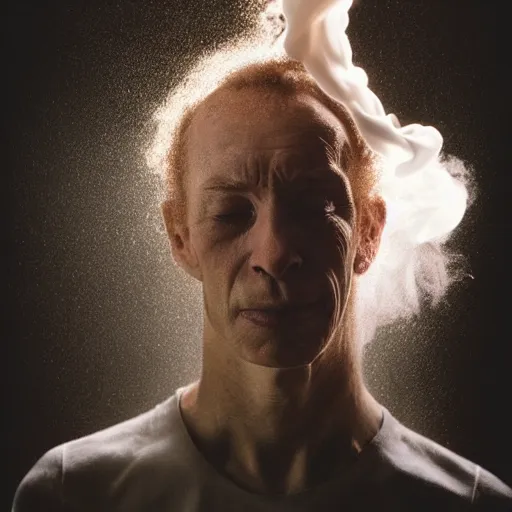 Prompt: annie liebowitz photo of a man who's head is turning into a billow of smoke