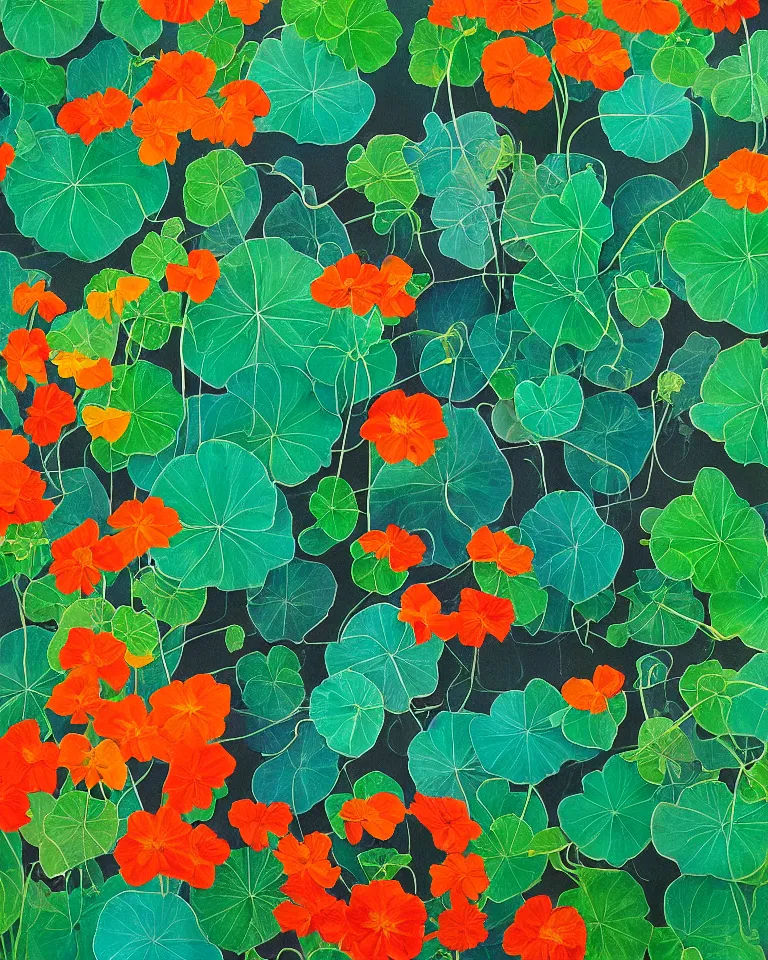 Image similar to fine painting of teal leafed nasturtiums and blue incense smoke.