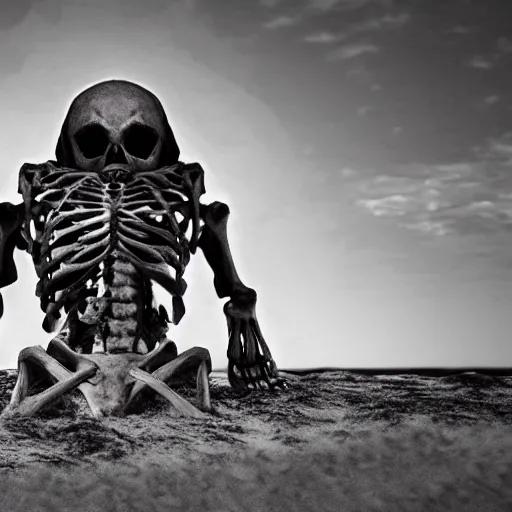 Prompt: a mysterious terrifying detailed skeleton buried in sand at the bottom of the deep ocean, dark tones, horror art, apocalyptic, volumetric light