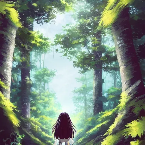 Image similar to a girl walking in a forest, a big eye in the sky is watching her, anime art, smooth, hd, smooth