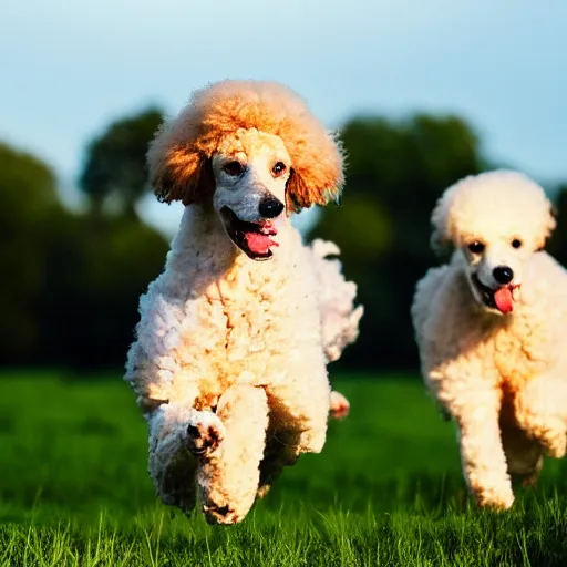 Image similar to poodles running through a field, dramatic cinematic lighting