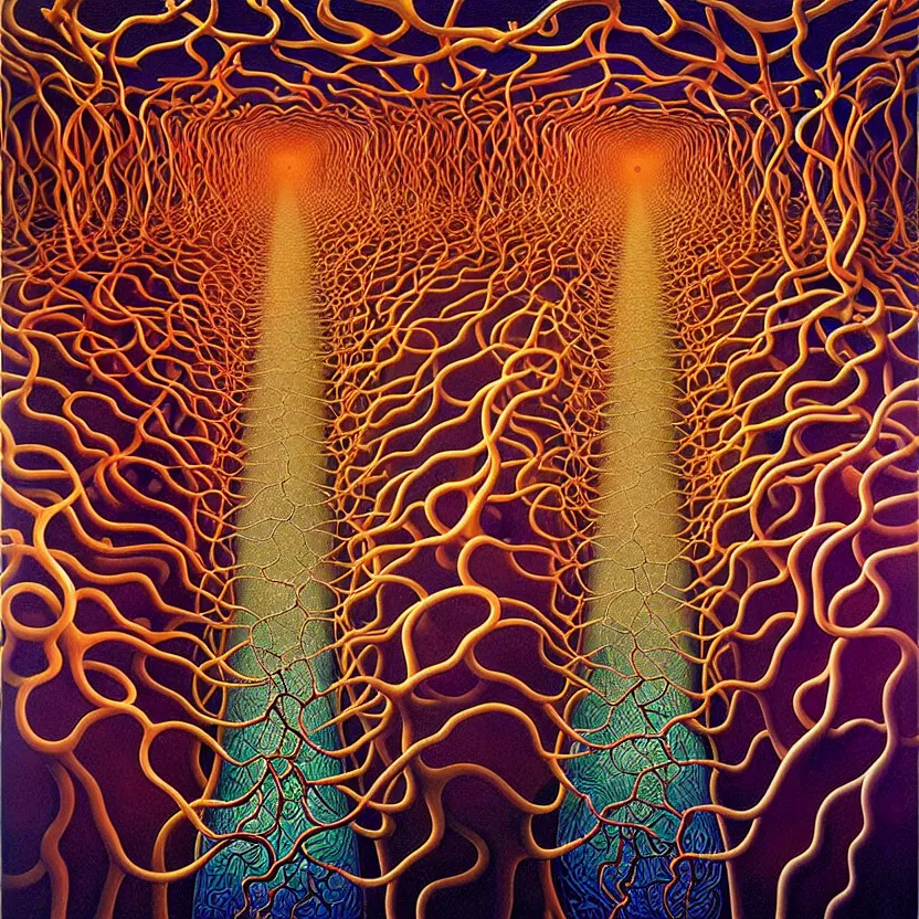 Prompt: infinite fractals of neuron cells, surreal, by salvador dali and mc escher and alex grey and zdzisław beksinski, oil on canvas, hd, dreams, intricate details, warm colors