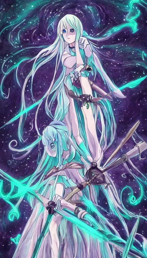 Image similar to a beautiful link drawing of the being death as a cute anime girl with a giant scythe from a studio ghibli film inspired by the death tarot card, dark vibes, pastel colors, cosmic,