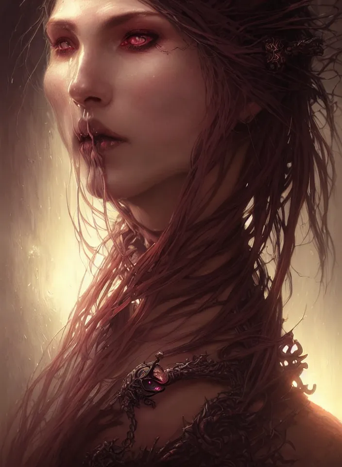 Image similar to Necromancer Sorceress face close-up macro in center, fantasy magic, undercut hairstyle, dark light night, intricate, elegant, sharp focus, illustration, highly detailed, digital painting, concept art, matte, art by WLOP and Artgerm and Greg Rutkowski and Alphonse Mucha, masterpiece