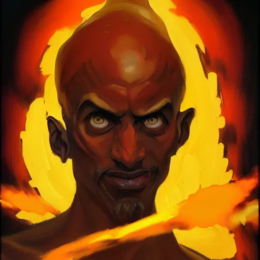 Prompt: greg manchess portrait painting of dhalsim from street fighter shaping a fireball as overwatch character, medium shot, asymmetrical, profile picture, organic painting, sunny day, matte painting, bold shapes, hard edges, street art, trending on artstation, by huang guangjian and gil elvgren and gerald brom