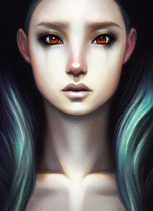 Image similar to portrait of mermaid, latina, rule of thirds, haze, intricate, anime, symmetrical!!, makeup, loreal, maybelline, sephora, trending on artstation, art by greg rutkowski and genzoman, and artgerm, filmic, vsco, moody, concept art, digital painting, depth of field, cg society, elegant, model