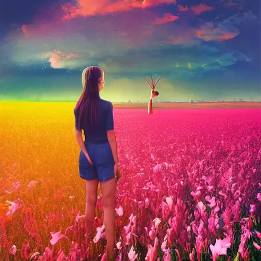 Image similar to giant gladiola flower as head, full body girl standing in a flower field, surreal photography, sunrise, dramatic light, impressionist painting, colorful clouds, digital painting, artstation, simon stalenhag