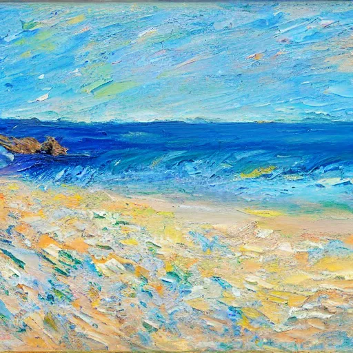 Prompt: a beach in western australia, modern, impressionist, highly textured landscape, palette knife, layered, sculptured, dynamic, oil on canvas