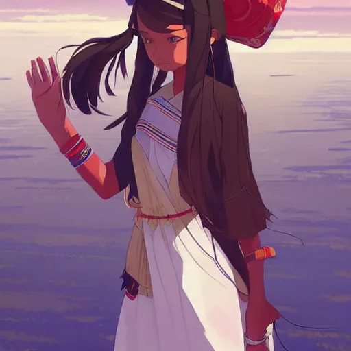 Image similar to a beautiful women instagram model, brown skin, wearing elegant catholic school girl designer fashion with mayan pattern and native style, aztec street fashion, gapmoe yandere grimdark, trending on pixiv fanbox, painted by greg rutkowski makoto shinkai takashi takeuchi studio ghibli, akihiko yoshida