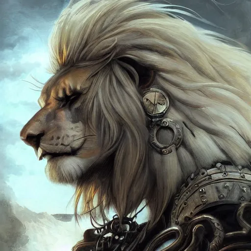 Image similar to aesthetic portrait commission of a albino muscular and attractive anthro lion as a greek steampunk god overlord with mane fur turning into industrial revolution smoke in the British clouds, fantasy art, hyperdetailed. Character design by charlie bowater, ross tran, artgerm, and makoto shinkai, detailed, inked, western comic book art, 2021 award winning painting