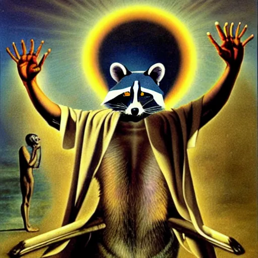 Image similar to racoon - hierophant blessing people in style of dali