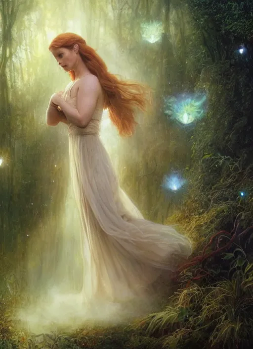 Image similar to Amy Adams staring into the camera, misty wisps, fireflies, Lilia Alvarado, Sophie Anderson, Mark Arian, Bob Byerley, Charlie Bowater, Mark Brooks, Steve Henderson, Justin Gerard, Arthur Hughes, Edward Robert Hughes, Mark Keathley, Victor Nizovtsev, Carlos Shwabe, Ross Tran, WLOP