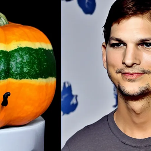 Prompt: ashton kutcher face on a hokaido squash