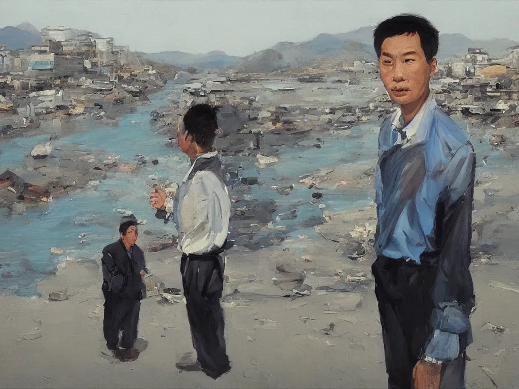 Prompt: ‘The Center of the World’ (Liu Xiaodong realist oil painting, large thick messy colorful brushstrokes, office worker from behind, next to a blue river and mountains) was filmed in Beijing in April 2013 depicting a white collar office worker. A man in his early thirties – the first single-child-generation in China. Representing a new image of an idealized urban successful booming China.