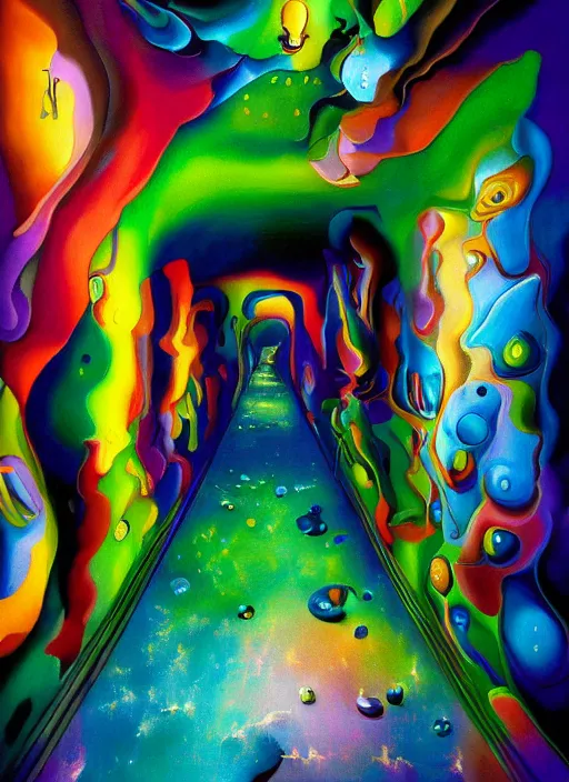 Image similar to an extremely high quality hd surrealism painting of a 3d slow-shutter galactic neon complimentary colored cartoon surrealism melting optical illusion hallway by kandsky and salviadoor dali the seventh, salvador dali's much much much much more talented painter cousin, 4k, ultra realistic, super realistic, so realistic that it changes your life