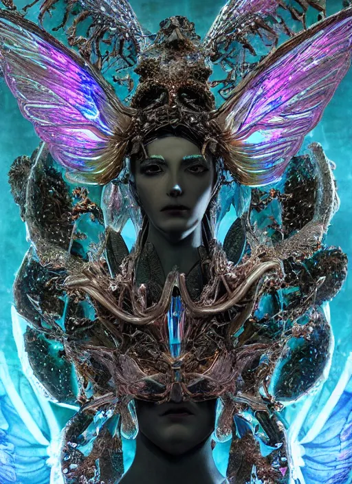 Prompt: a hybrid humanoid androgyne muse with recursively horned wing crown attached to side of xenopunk head, concept art, sculpted iridescent optical mineralogy features, intricate detail, holographic, pixel sorting, style by James Jean, circuitry, organic detail, asymmetry, cinematic, epic wide shot, ultra detailed, artstation, sharp focus,smooth, cinematic lighting, cinematic detail, composition, photorealistic, render in unreal engine 5, golden ratio, 8k render