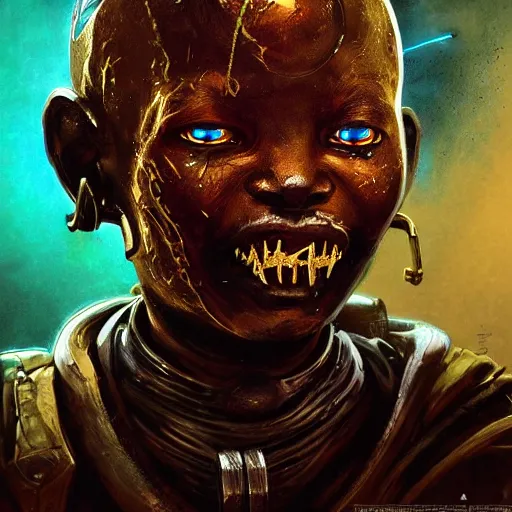 Prompt: a dark and ominous cyborg african child soldier with glowing eyes and facial scarification marks and gold teeth, Apex Legends character digital illustration portrait design, by android jones and greg rutkowski in a cyberpunk voodoo style, detailed, cinematic lighting, wide angle action dynamic portrait