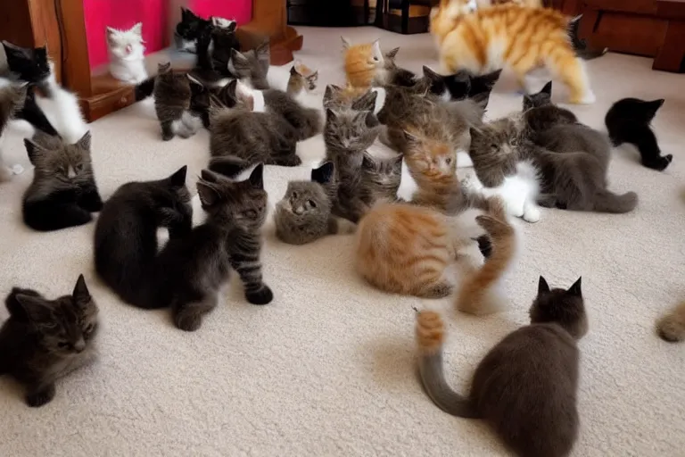 Image similar to a living room full of cute kittens that are all sitting positioned facing directly at the camera and all of the kittens are looking directly into the camera