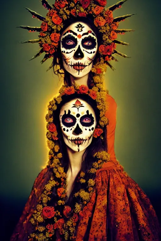 Image similar to heliography, virgin mary in dia de muertos dress and make up, horrific beautiful vibe, evocative, atmospheric lighting, painted, intricate, highly detailed, leesha hannigan, wayne haag, reyna rochin, ignacio fernandez rios, mark ryden, iris van herpen, stunning, gorgeous, sharp focus, cinematic, masterpiece