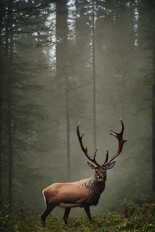 Prompt: beautiful photo of a stag with large antlers in a pine forest in the early ours of the morning with morning fog and dew on the grass. sunrise. nature. photography. national geographic. detailed face and fur, ultra hd, sharp. volumetric lighting, hasselblad. nikon z 9. 1 0 0 mm. f / 2. 5