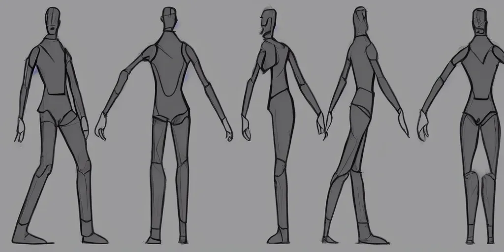 Image similar to male, elongated figure, space suit, large shoulders, short torso, long thin legs, tiny feet, character sheet, very stylized, concept design