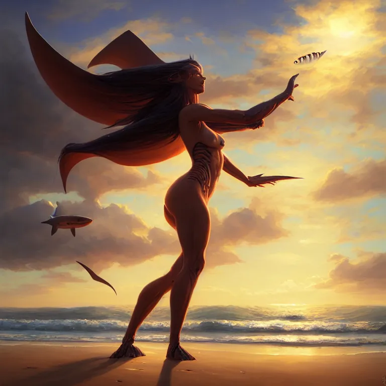 Prompt: a portrait of a stunning humanoid shark - woman revealing her shark teeth, beach at sunset, by mandy jurgens and pete mohrbacher and and greg rutkowski, in frame, low angle, detailed facial features, fantasy, d & d