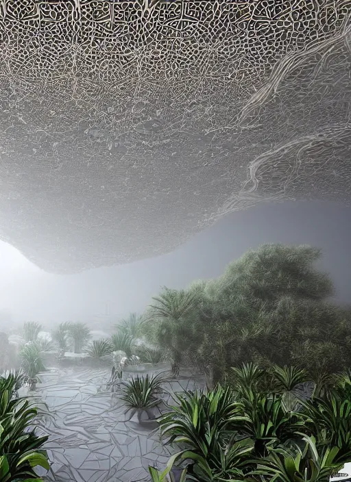 Prompt: a photo of a futuristic biomimicry oasis interior + the interior is elegant and made of a biomimicry nature with ornate patterns + photo taken on a misty morning + architectural photography, 8K, photorealistic