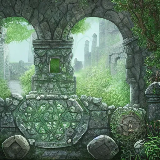 Prompt: ancient overgrown ruins, medieval gates, runestones, nostlagia, mysetrious etherial mesmerizing runic cat eyes, magical elven geometry, floating islands, high detail