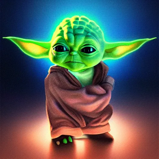 Image similar to baby yoda, trending on artstation, trending on deviantart, backlight, orange light, blue shadows, pink reflections