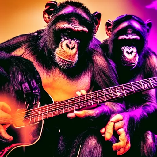 Prompt: photo of two chimpanzees, one wearing glasses and playing the piano and the other chimpanzee is playing guitar on stage in the spotlight at a smoky nightclub in front of a crowd of people, 5 0 mm, beautiful photo