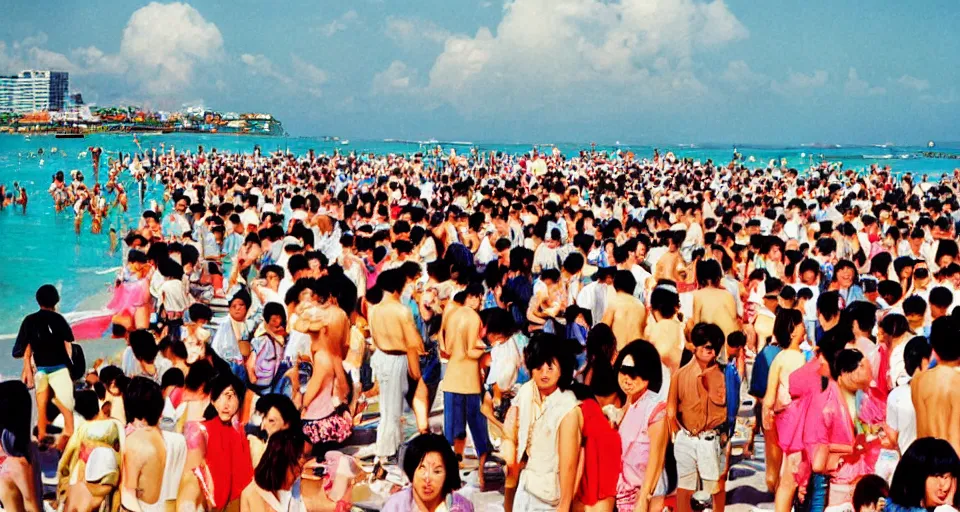 Prompt: 90s Japan, Professional photograph, bright colors, crowded beach, summer.