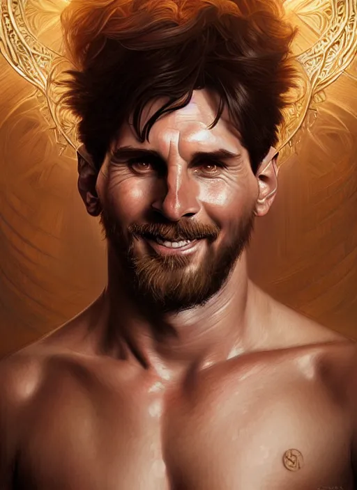 Image similar to portrait of aggressive smiling messi, d & d, muscular! fantasy, intricate, elegant, highly detailed, digital painting, artstation, concept art, smooth, sharp focus, illustration, art by artgerm and greg rutkowski and alphonse mucha