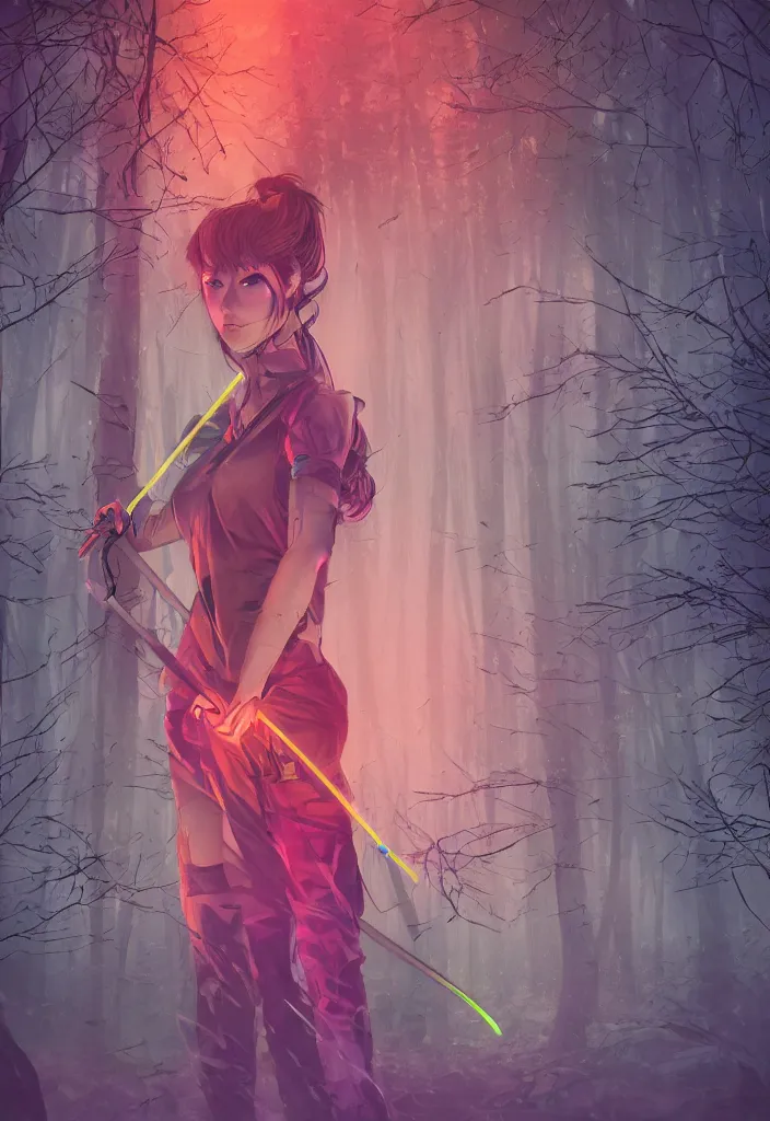 Image similar to , woman with illuminated neon katana in the forest at night, closeup , digital effects fantasy ,digital art, illustration, award winning, professional, stylized, cel shaded